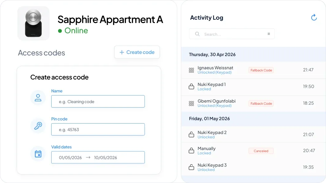 Access Management smart lock and pin code control